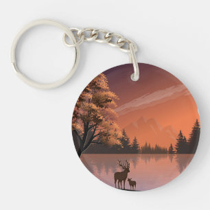 Paysage du lever du soleil avec lac et Deers-51207