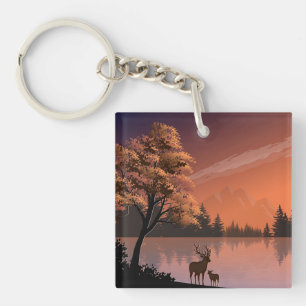 Paysage du lever du soleil avec lac et Deers-51207