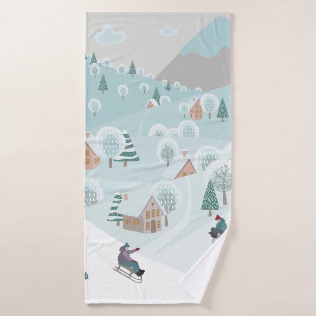 Paysage hivernal avec neige, arbres et enfants (Serviette de bain)