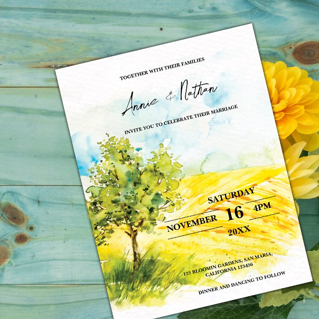 Paysage jaune vif Farmland Wedding Invitation (Bright Yellow Landscape Farmland Wedding Invite)