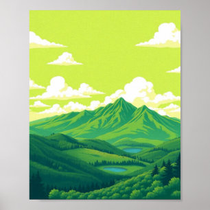 Paysage Montagneux Rétro Affiche Rouge Bleu