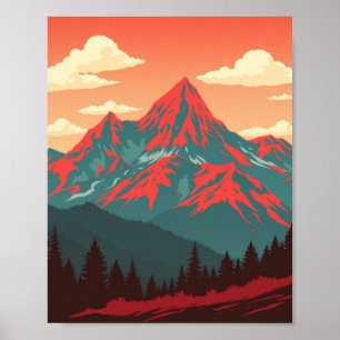 Paysage Montagneux Rétro Affiche Rouge Bleu
