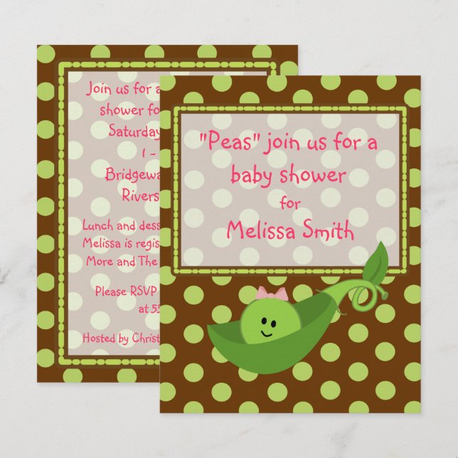 Pea Pod auf Polka Dots Girl Babydusche Einladung (Vorne/Hinten)