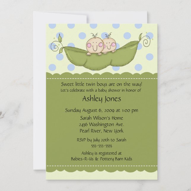 Pea Pod Twin Boys Babydusche Einladungen (Vorderseite)