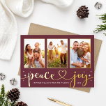 Peace and Joy Modern Gold Heart Script 3 Photo Folien Feiertagskarte<br><div class="desc">Simple and chic "Peace and Joy" holiday photo card features a collage of 3 portrait photos on a horizontal card layout with white twinkling stars and cute and modern hand-lettered calligraphy script text with heart accent in real gold foil. Personalize the greeting, family signature, and year on the front, and...</div>