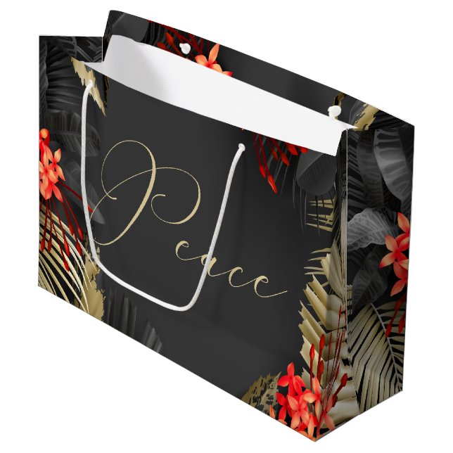 Peace Black Gold Crimson Tropical Foliage Große Geschenktüte (Vorderseite Schrägansicht)