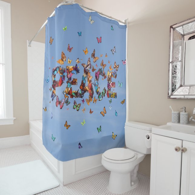 PEACE Blue Sky Butterflies | Motivational Hope Joy Duschvorhang (Beispiel)