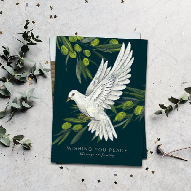Peace Dove and Olive Branches Carte de vacances (a flat Christmas card with the message "wishing you peace" and an illustrated white dove)