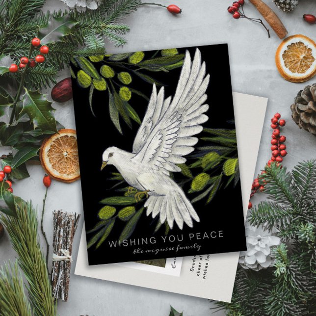 Peace Dove et Olive Branches Carte postale (illustrated peace dove and olive branches on a black background Christmas holiday postcard)