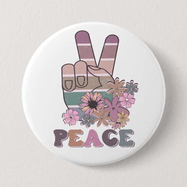 Peace Hand Sign Retro 70er Floral Daisy Button (Vorderseite)