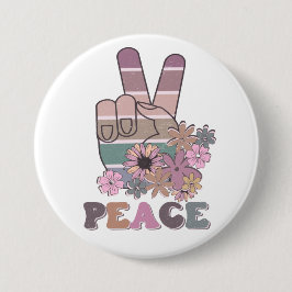 Peace Hand Sign Retro 70er Floral Daisy Button
