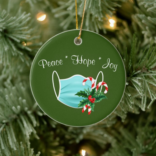 Peace Hope Joy Mask & Candy Canes Keramik Ornament (Baum)