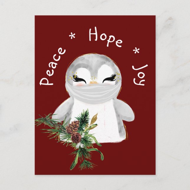 Peace Hope Joy Masked Penguin Feiertagspostkarte (Vorderseite)