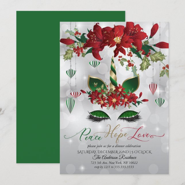 Peace Hope Liebe Holiday Celebration Unicorn Einladung (Vorne/Hinten)