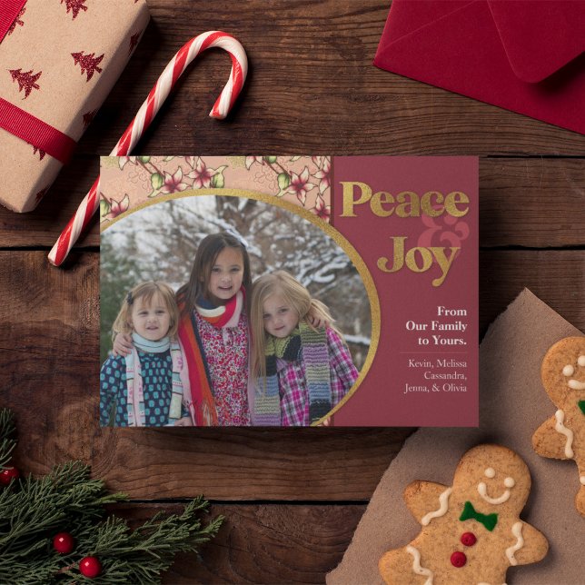 Peace & Joy: Burgund Gold Glitzer Weihnachten (Peace & Joy: Pink, Burgundy & Gold Glitter Christmas Holiday Photo Card with Poinsettia & Snowflakes)