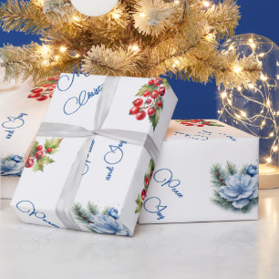 Peace & Joy Frohe Weihnachten Rote Berries auf Wei Geschenkpapier