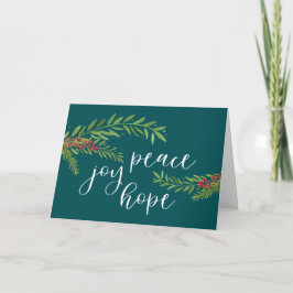 Peace Joy Hope Watercolor Foliage Aquamarin Weihna Feiertagskarte