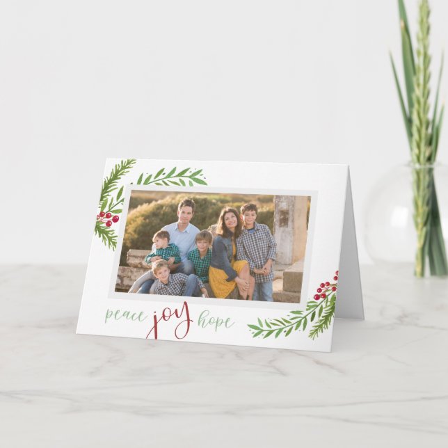 Peace Joy Hope Watercolor Pine Foto Weihnachten (Vorderseite)