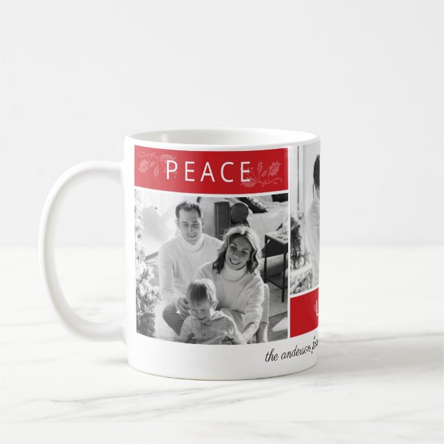 Peace Joy Liebe 3 Foto Collage Script Red Holiday Kaffeetasse (Links)