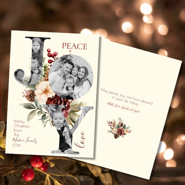 Peace Joy Liebe Beige Floral Weihnachten Foto (Photocard)
