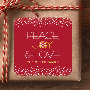 Peace Joy Liebe Bold Modern Holiday Snowflake Red Quadratischer Aufkleber