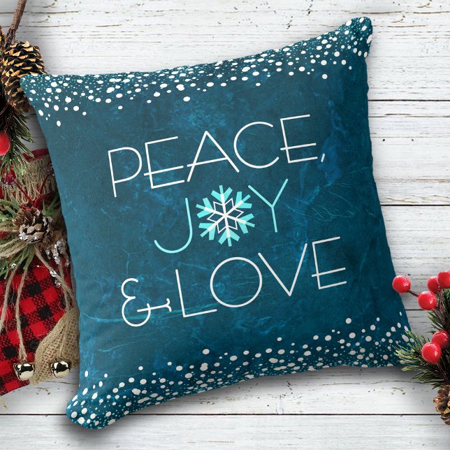 Peace Joy Liebe Chic Modern Snowflake on Blue Kissen (Von Creator hochgeladen)