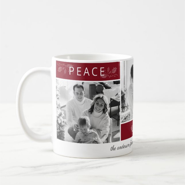 Peace Joy Liebe Foto Collage Script Maroon Holiday Kaffeetasse (Links)