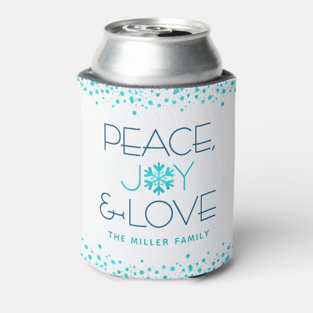 Peace Joy Liebe Holiday White Blue Snowflake Name Dosenkühler (Kanne Rückseite)