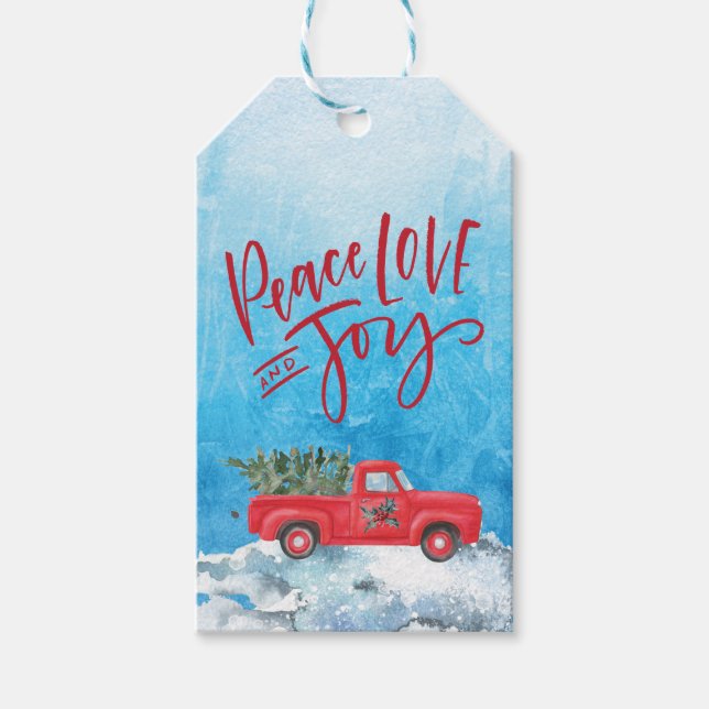 Peace Joy Liebe Snow Red Truck Geschenkanhänger (Vorderseite)
