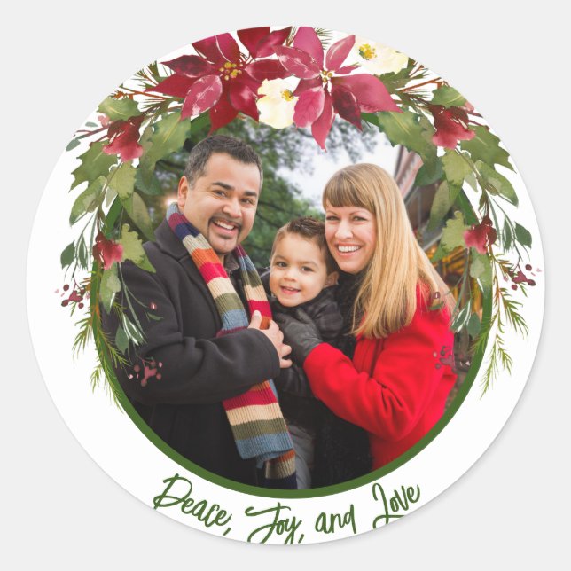 Peace Joy LoveFoto Poinsettia Weihnachten Runder Aufkleber (Vorderseite)