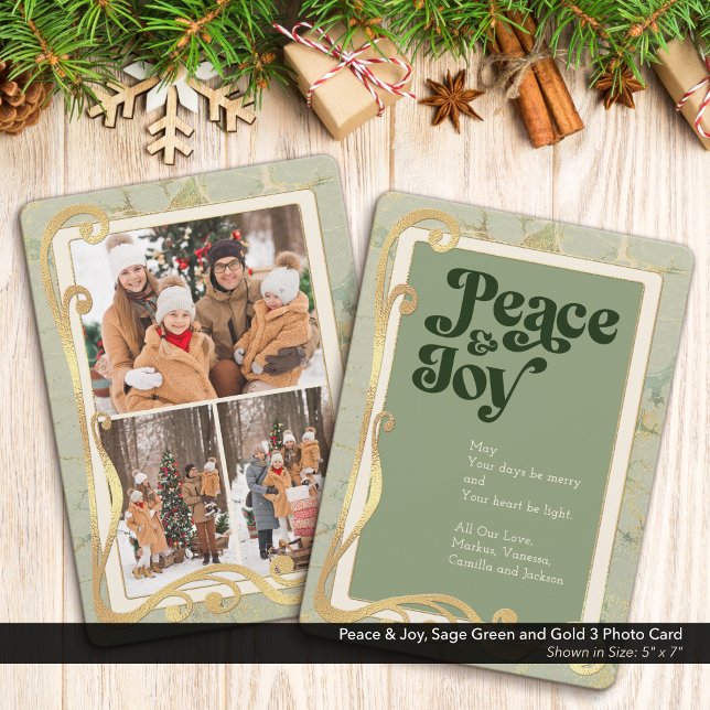 Peace & Joy Sage Green et Gold 3 Carte photo (Peace & Joy, Sage Green and Gold Holiday Three (3) Photo Greeting Card)
