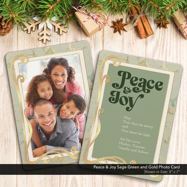 Peace & Joy Sage Green et Gold Carte photo (Peace & Joy, Sage Green and Gold Holiday Photo Greeting Card)