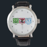 Peace Liebe 30. Geburtstag Niedliches Party Armbanduhr<br><div class="desc">Eine niedliche Uhr zum dreißigsten Geburtstag. Peace Liebe Dreißig mit der Nummer 30 in hübschem Blau.</div>