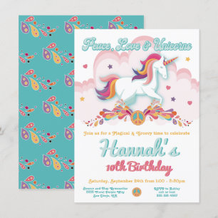 Peace Liebe and Unicorns Hippie BIrthday Party Einladung