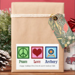 Peace Liebe Archery Custom Christmas Rechteckiger Aufkleber<br><div class="desc">Niedliche kundenspezifische Bogengeschenksticker Weihnachtsgeschenk. Wunderschöner personalisierter Friedens-Liebe Bogensticker mit einem grünen Friedenszeichen,  rotem Herz und Ziel für einen Bogenschütze.</div>