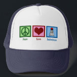 Peace Liebe Badminton Player Truckerkappe<br><div class="desc">Ein Friedensschild,  ein Herz und der Badminton Shuttleservice schmücken diesen niedlichen Badminton-Spieler. Peace Liebe Badminton.</div>