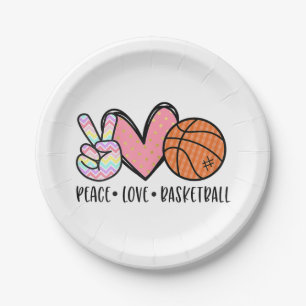 Peace Liebe Basketball Herz für Frauen Teens Tween Pappteller