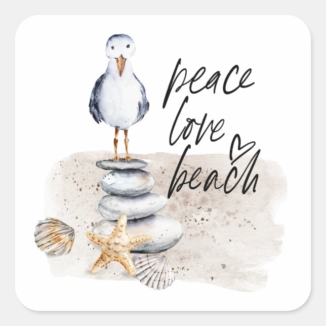 Peace Liebe Beach Seagull Küste Quadratischer Aufkleber (Vorderseite)