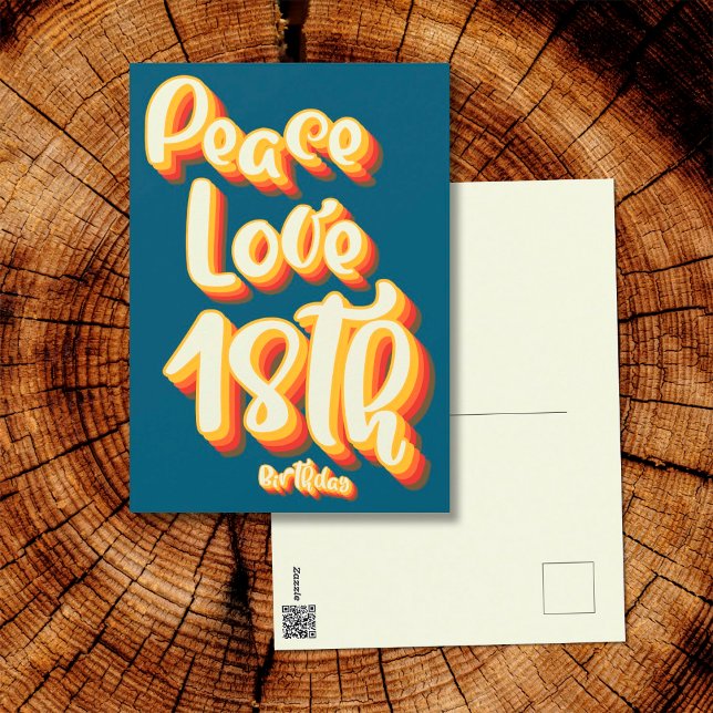 Peace Liebe Blue Retro Groovy 18. Glückwunsch zum  Postkarte (Front and Back)