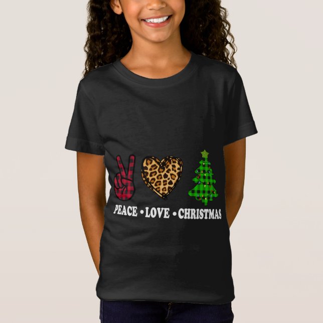 Peace Liebe Christmas Tree Buffalo Kariert Leopard T-Shirt (Vorderseite)