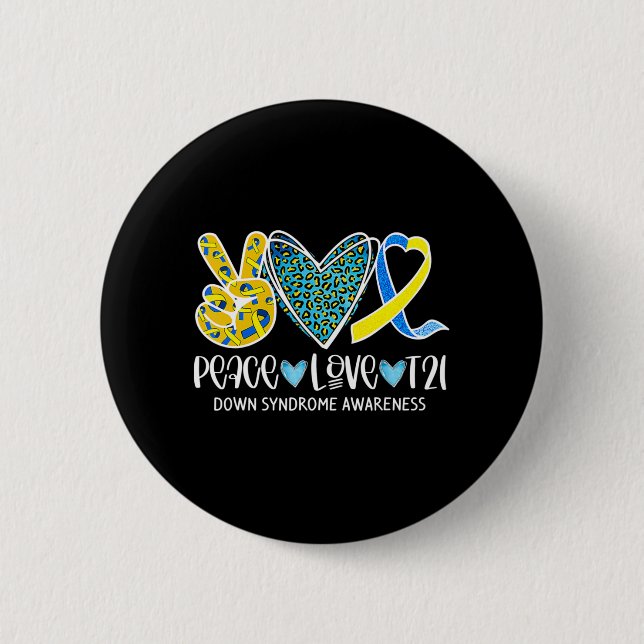 Peace Liebe Cure Blue & Yellow Ribbon Down Syndrom Button (Vorderseite)
