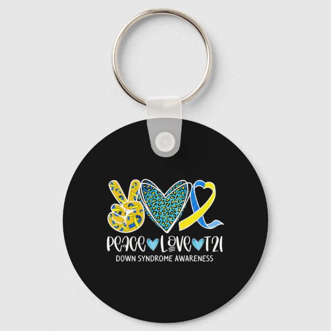 Peace Liebe Cure Blue & Yellow Ribbon Down Syndrom Schlüsselanhänger (Vorderseite)