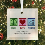 Peace Liebe Finance Customizable Bank Christmas Ornament Aus Glas<br><div class="desc">Peace Liebe Finance Urlaubsgeschenk. Ein cooler,  kundenspezifischer Finanzberater oder Planer Weihnachtsschmuck für einen Banker oder Geldmanager,  der mit Bankkunden zusammenarbeitet,  um ihre Vermögenswerte und Finanzen zu verwalten. Niedliches individualisierbares Design für Finanzplaner in der öffentlichen,  betrieblichen oder privaten Finanzierung.</div>