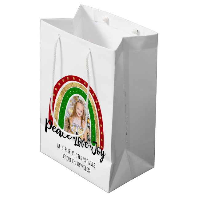 Peace Liebe Freude Frohe Weihnachts Rainbow Foto Mittlere Geschenktüte (Vorderseite Schrägansicht)