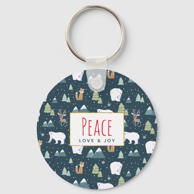 Peace Liebe & Freude Weihnachten Tiere Muster Schlüsselanhänger (Vorderseite)