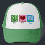 Peace Liebe Gänse Truckerkappe<br><div class="desc">Ein niedliches Gänsegeschenk mit einem Friedenszeichen, Herz und Gans.</div>