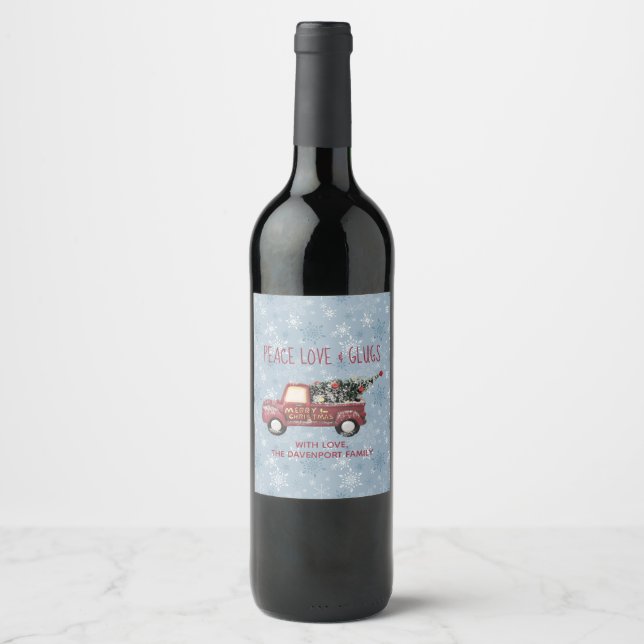 Peace Liebe & Glugs Toy Truck Frohe Weihnachten Weinetikett (Vorderseite)