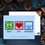Peace Liebe Hanukkah Niedlich Custom Blue Postkarte<br><div class="desc">Liebe Hanukkah Postkarten für eine jüdische Familie,  die Chanukah gerne feiert. Ein hübsches Friedenszeichen,  Herz und eine wunderschöne Menorah auf einer niedlichen blauen Urlaubspostkarte.</div>