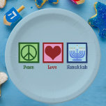 Peace Liebe Hanukkah Pappteller<br><div class="desc">Die Liebe Hanukkah ist ein Geschenk für einen jüdischen Menschen,  der Chanukah gerne feiert. Ein hübsches Friedenszeichen,  ein Herz und eine wunderschöne Menorah.</div>