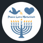 Peace Liebe Hanukkah Runder Aufkleber<br><div class="desc">Festival der Lichter Hanukkah Design, dass PEACE LIEBE HANUKKAH mit einer Taube und Olivenzweig, Herz und beleuchtete menorah sagt. PinkInkArt Original!</div>